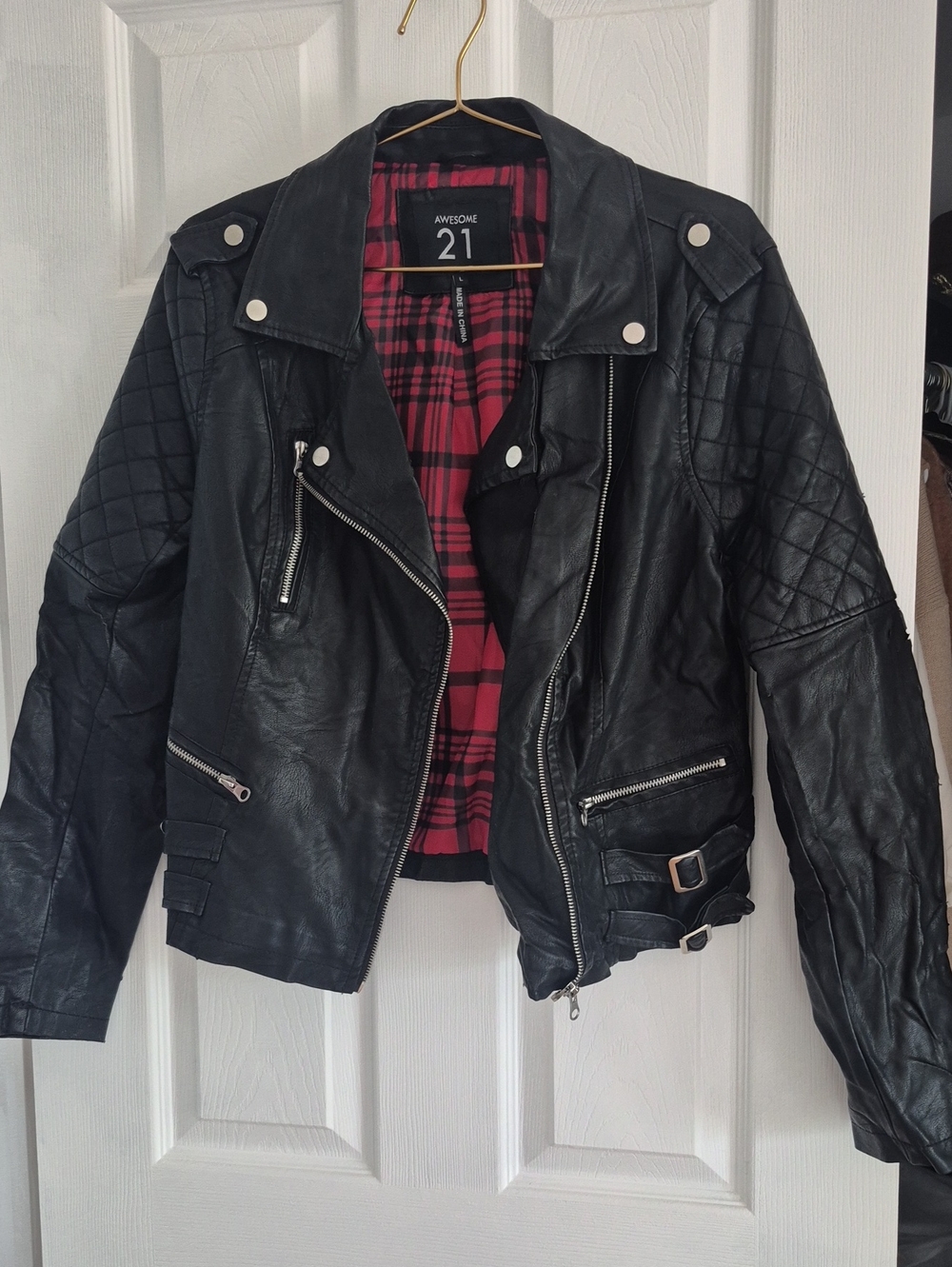Black Faux Leather Moto Jacket with Red Plaid Lining by